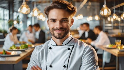 closeup photo portrait of a handsome young chef cook with white uniform standing. guests eating in the restaurant. blurry food restaurant kitchen in the background