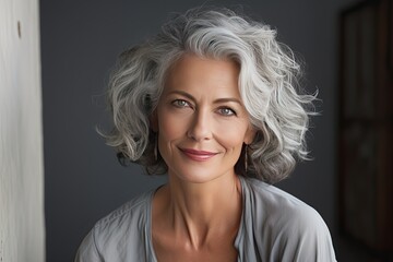 Wall Mural - Radiant elderly senior model woman with graceful grey hair, portraying joy and positivity through a genuine and warm smile