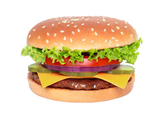 Poster - Big hamburger with beef cutlet and onion on transparent background