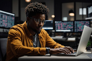 professional african-american programmer surrounded by large screens displaying programming language