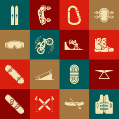 Canvas Print - Set Life jacket, Hang glider, Boots, Carabiner, Bicycle trick, Ski goggles, and sticks and on street ramp icon. Vector