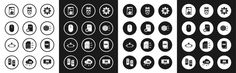 Set Processor, File document, Computer mouse, 3D printer, Global technology social network, Video graphic card, SSD and Virtual reality glasses icon. Vector