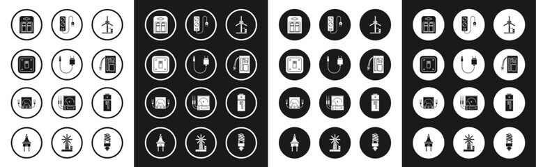 Sticker - Set Wind turbine, Charger, Electric light switch, Battery pack, extension cord, and Ampere meter, multimeter, voltmeter icon. Vector