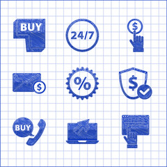 Sticker - Set Discount percent tag, Laptop and cursor, Online shopping on screen, Shield with dollar, Phone speech bubble Buy, Envelope coin, Hand holding and button icon. Vector