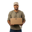 © YasumiHouse - Smiling man holding a cardboard box isolated background