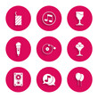 © Oksana - Set Vinyl player with disk, Musical note speech bubble, Balloons ribbon, Ice cream bowl, Stereo speaker, Microphone, Wine glass and Firework rocket icon. Vector