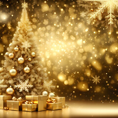 Wall Mural - Gold sparkling christmas background with big and luxurious Christmas tree and snowflakes