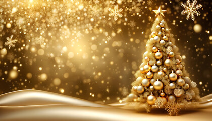 Wall Mural - Gold sparkling christmas background with big and luxurious Christmas tree and snowflakes