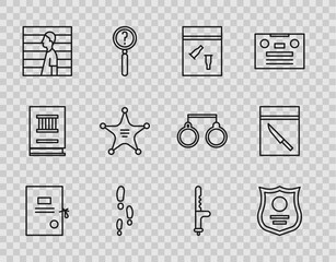 Wall Mural - Set line Lawsuit paper, Police badge, Evidence bag and bullet, Footsteps, Suspect criminal, Hexagram sheriff, rubber baton and knife icon. Vector