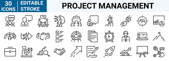 Wall Mural - set of 30 line web icons Project management. Data Analysis. Big data, Processing, Productivity. vector illustration. Editable stroke.