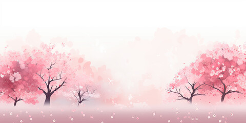 cherry blossom trees pink background empty space blossoms tree backdrop wide, generated ai