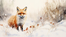 A Minimalist Watercolor Painting With A Fox  In Winter Style