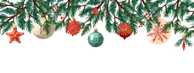 Vector seamless background with Christmas tree decorations and fur tree branch