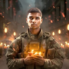 Indian army man celebrating diwali on border