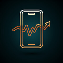 Wall Mural - Gold line Mobile stock trading concept icon isolated on dark blue background. Online trading, stock market analysis, business and investment. Vector