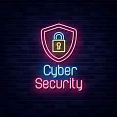 Wall Mural - Cyber Security Neon Sign Symbol Vector. Light banner, Light art