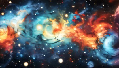 Wall Mural - a magical universe with swirling galaxies, stars, and cosmic nebula on a blue and red background. ab