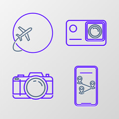 Canvas Print - Set line Infographic of city map navigation, Photo camera, Action extreme and Globe with flying plane icon. Vector