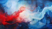 Abstract Liquid Painting. Marbled Wallpaper Background. Red Blue Swirls White Painted Splashes Illustration.	