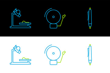 Sticker - Set line Pen, Microscope and Ringing alarm bell icon. Vector