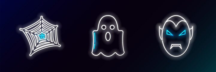 Wall Mural - Set line Vampire, Spider web and Ghost icon. Glowing neon. Vector