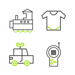 Poster - Set line Baby Monitor Walkie Talkie, Toy car, onesie and train icon. Vector