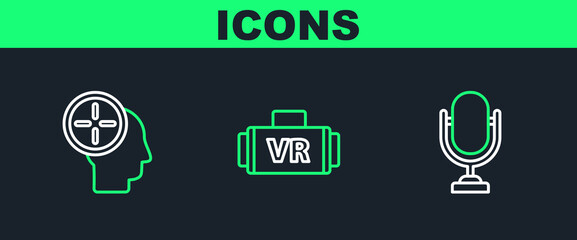 Poster - Set line Microphone, Head hunting concept and Virtual reality glasses icon. Vector