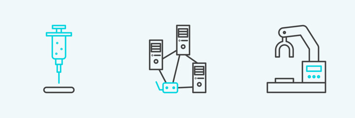 Sticker - Set line Robotic robot arm hand factory, Syringe and Computer network icon. Vector