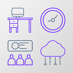 Poster - Set line Network cloud connection, Training, presentation, Clock and Computer monitor and desk icon. Vector