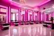 Modern beauty salon with places for makeup artist and hairdresser, big stylish mirrors, pink interior. Modern beauty salon with places for makeup artist and hairdresser, big stylish mirrors, pink inte