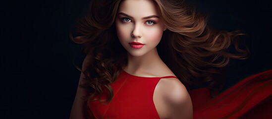 The young girl with a beautiful face wears a modern red dress exuding confidence and happiness embodying the essence of fashion and beauty for women of all ages