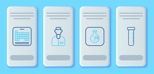 Poster - Set line Laboratory assistant, Cracked flask, Periodic table and Test tube and icon. Vector