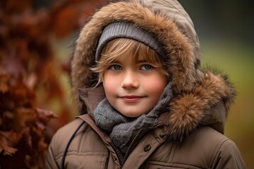 Wall Mural - Outdoor portrait of a cute little girl in a warm coat and hat