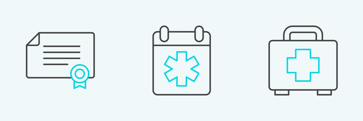 Poster - Set line First aid kit, Certificate template and Doctor appointment icon. Vector