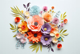 Fototapeta Kwiaty - The colorful paper flower bouquet of many flowers such as rose, carnation, and daisy on a light pastel green background for decoration. Generative AI.