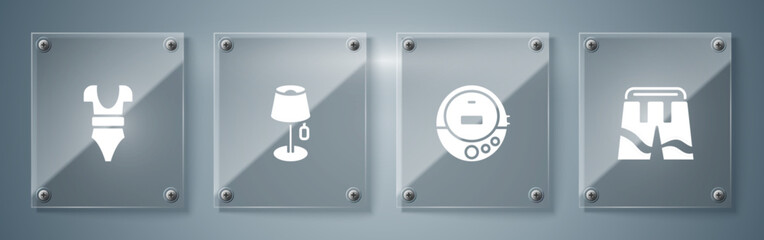 Sticker - Set Short or pants, Music CD player, Floor lamp and Swimsuit. Square glass panels. Vector