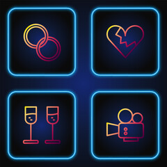 Canvas Print - Set line Cinema camera, Glass of champagne, Wedding rings and Broken heart or divorce. Gradient color icons. Vector