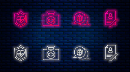 Poster - Set line First aid kit, Location shield, Life insurance with and Document. Glowing neon icon on brick wall. Vector