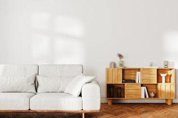 Wall Mural - living room interior mock up, gray sofa and wooden cupboard with decor, 3d rendering