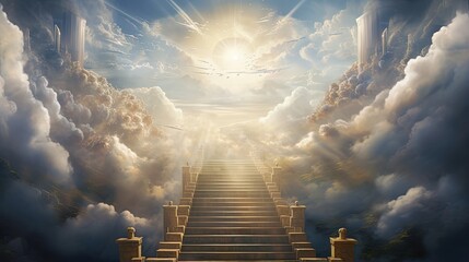 Poster - Stairway through the clouds to the heavenly light. Stairway to heaven