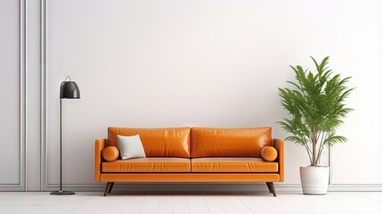 Aufkleber - White wall interior living room have orange leather sofa and decoration minimal.3d rendering