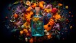 A vibrant explosion of herbs and flowers emerging from an apothecary bottle. The botanical ingredients symbolize natural health and wellness, emphasizing the power of nature in promoting wellbeing.