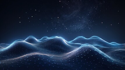 Fototapete - Futuristic glowing wave. The concept of big data. Network connection. Cybernetics. Abstract background of dots connected by lines. Digital landscape. 3d rendering.