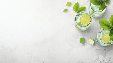 Aufkleber - Mojito cocktail alcohol bar long drink traditional Cuba fresh tropical beverage top view copy space two highball glass, with rum, spearmint, lime juice, soda water and ice on white concrete table.