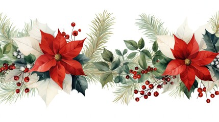 Fototapete - Christmas seamless border. Watercolor banner. Poinsettia, fir branches, cones, ilex, holly berry. Holiday illustration