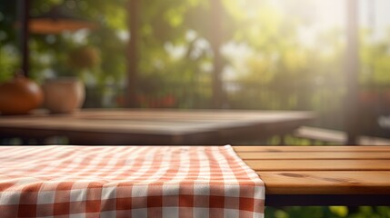 Poster - Checkered towel on wooden table blurred kitchen background. Picnic cloth empty space tabletop.