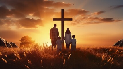 Poster - Christian family. Cross. CHRIST IS RISEN. Happy family on the nature. Easter. Children husband and wife. Wooden cross against the sky. Sunset. Summer