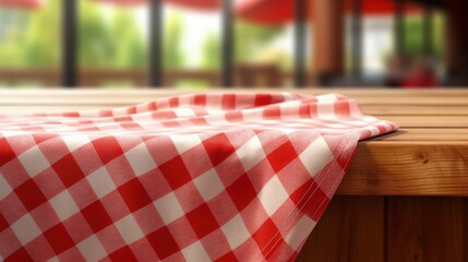 Sticker - Checkered towel on wooden table blurred kitchen background. Picnic cloth empty space tabletop.