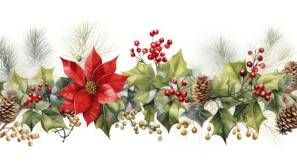 Fototapete - Christmas seamless border. Watercolor banner. Poinsettia, fir branches, cones, ilex, holly berry. Holiday illustration