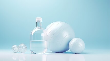 Fitness ball, weights and water bottle. Pastel blue and white colors scene. 3d render for sport fitness equipment in the gym and exercise daily background. Healthy living, taking care of themselves.